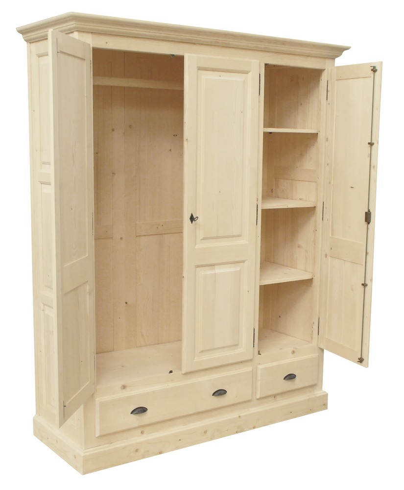 Armoire démontable 3 tiroirs, 3 portes, penderie en pin