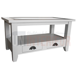 Table basse sur mesure en pin massif avec plateau verre 90cm